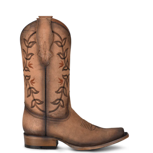 A right profile facing Corral Embroidery Brown Square Toe Cowgirl Western Boot.