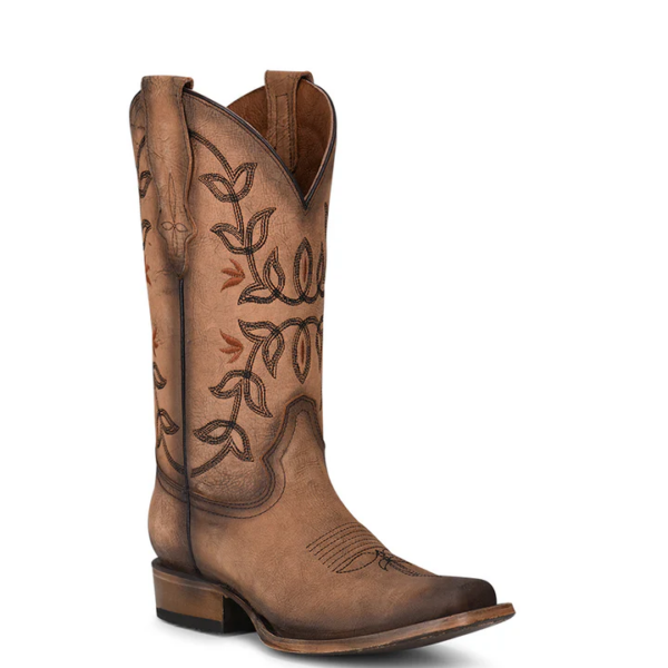 A 3/4 turned Corral Embroidery Brown Square Toe Cowgirl Western Boot.