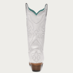 A rear angle shot Corral White Embroidery Snip Toe Cowgirl Western Boot.