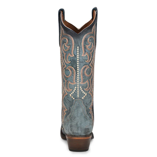 A rear angle shot Corral Embroidery and Triad Blue Jean Snip Toe Cowgirl Western Boot.