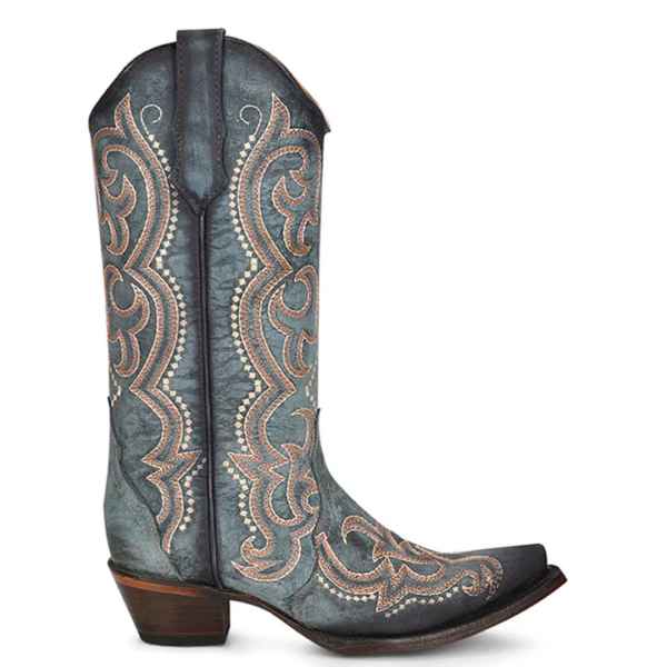 A right profile facing Corral Embroidery and Triad Blue Jean Snip Toe Cowgirl Western Boot.