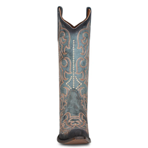A front forward facing Corral Embroidery and Triad Blue Jean Snip Toe Cowgirl Western Boot.