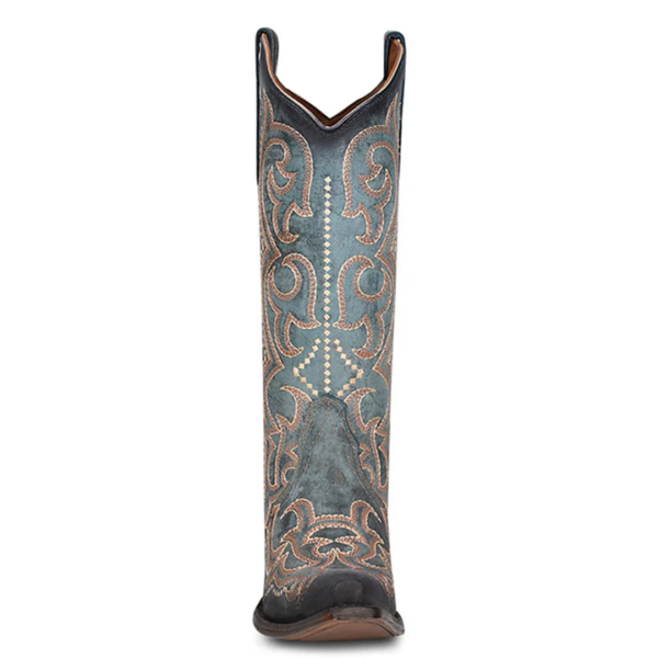 A front forward facing Corral Embroidery and Triad Blue Jean Snip Toe Cowgirl Western Boot.
