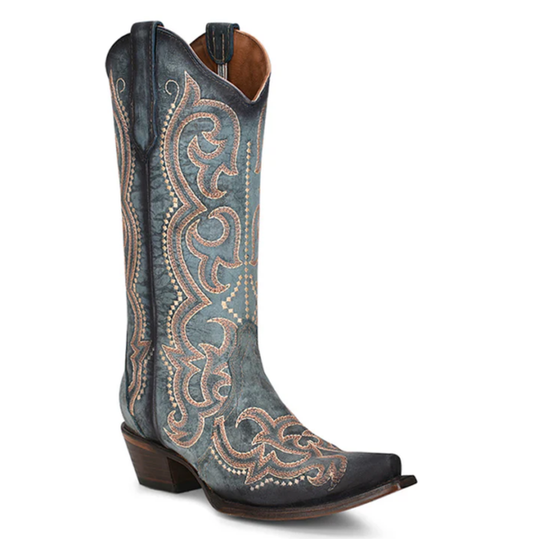 A 3/4 turned Corral Embroidery and Triad Blue Jean Snip Toe Cowgirl Western Boot.