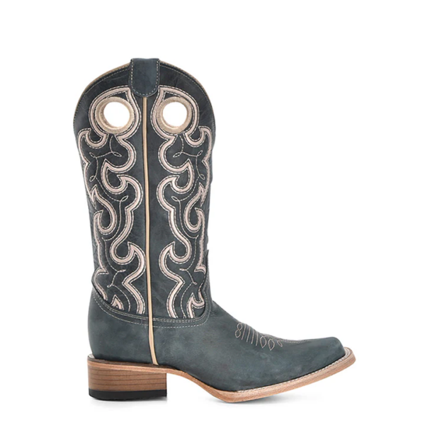 A right profile facing Corral Light Embroidery and Cut Out Blue Square Toe Cowgirl Western Boot.