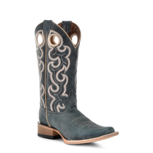 A 3/4 turned Corral Light Embroidery and Cut Out Blue Square Toe Cowgirl Western Boot.