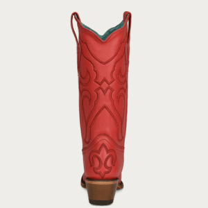 A rear angle shot Corral Ruby Red Embroidery Snip Toe Cowgirl Western Boot.