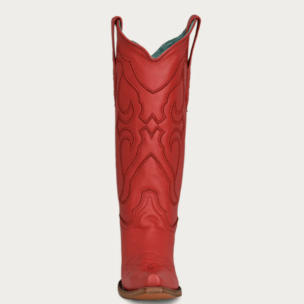 A front forward facing Corral Ruby Red Embroidery Snip Toe Cowgirl Western Boot.