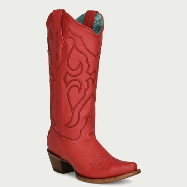 A 3/4 turned Corral Ruby Red Embroidery Snip Toe Women's Western Cowgirl Boot.