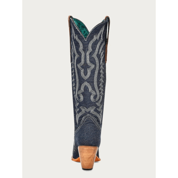 A rear angle shot Corral White Embroidery Denim Tall Top Pointed Toe Cowgirl Western Boot.