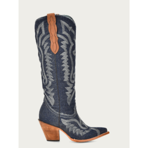 A right profile facing Corral White Embroidery Denim Tall Top Pointed Toe Cowgirl Western Boot.