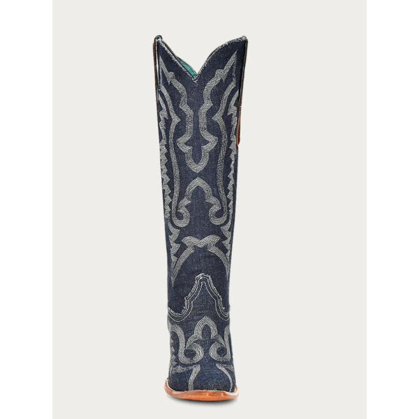 A front forward facing Corral White Embroidery Denim Tall Top Pointed Toe Cowgirl Western Boot.