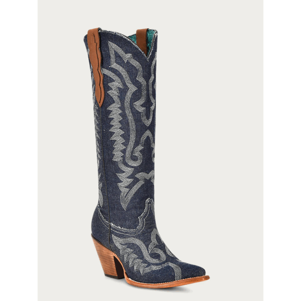 A 3/4 turned Corral White Embroidery Denim Tall Top Pointed Toe Women's Western Boot.