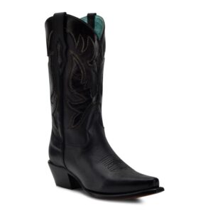 A 3/4 turned Corral Black Embroidery and Overlay Snip Toe Cowgirl Western Boot.