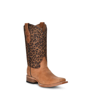 A 3/4 turned Corral Honey Leopard Print Square Toe Teen Cowgirl Western Boot.