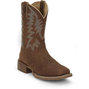 A 3/4 turned Justin Big Bucks Pecan Brown Men's Western Boot.