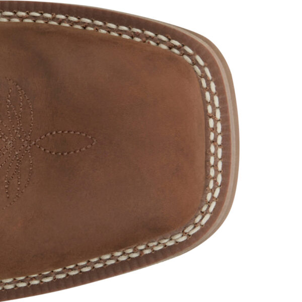 The toe shape of a Justin Big Bucks Pecan Brown Men's Western Boot.