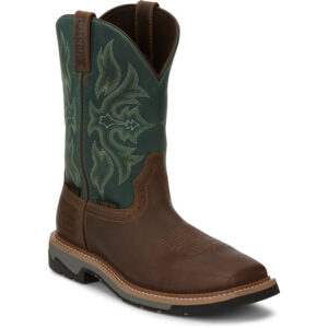 A 3/4 turned Justin Bolt 11" Waterproof Men's Work Composite Toe Pull On Boot.