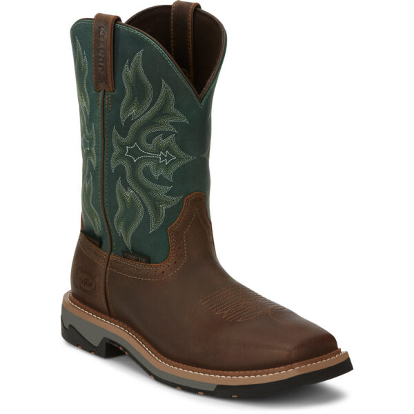 A 3/4 turned Justin Bolt 11" Waterproof Men's Work Composite Toe Pull On Boot.