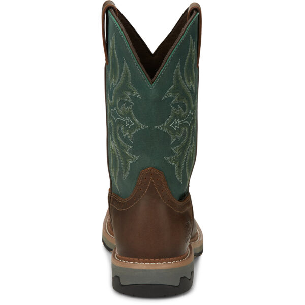 A look at the back and heel of a Justin Bolt 11" Waterproof Men's Work Composite Toe Pull On Boot.