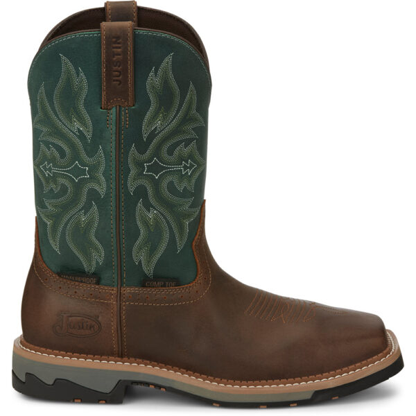 A right profile facing Justin Bolt 11" Waterproof Men's Work Composite Toe Pull On Boot.