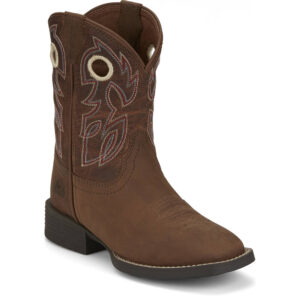 A 3/4 turned Justin Bowline Junior Hazelnut Brown Kid's Western Boot.