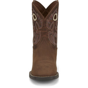 A forward-facing look at Justin Bowline Junior Hazelnut Brown Kid's Western Boot.