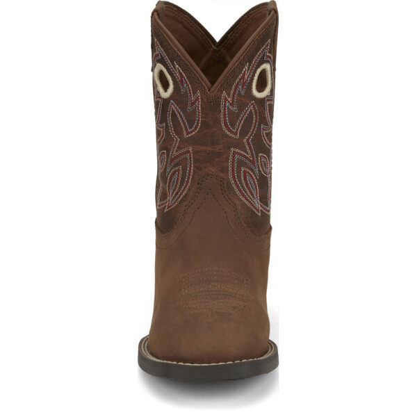 A forward-facing look at Justin Bowline Junior Hazelnut Brown Kid's Western Boot.