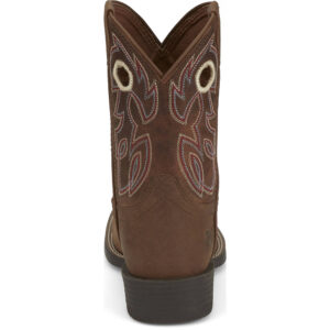 A look at the back and heel of a Justin Bowline Junior Hazelnut Brown Kid's Western Boot.