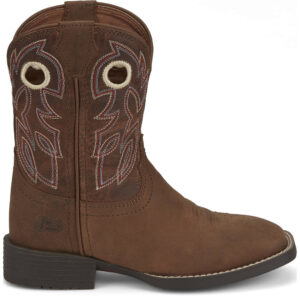 A right profile facing Justin Bowline Junior Hazelnut Brown Kid's Western Boot.