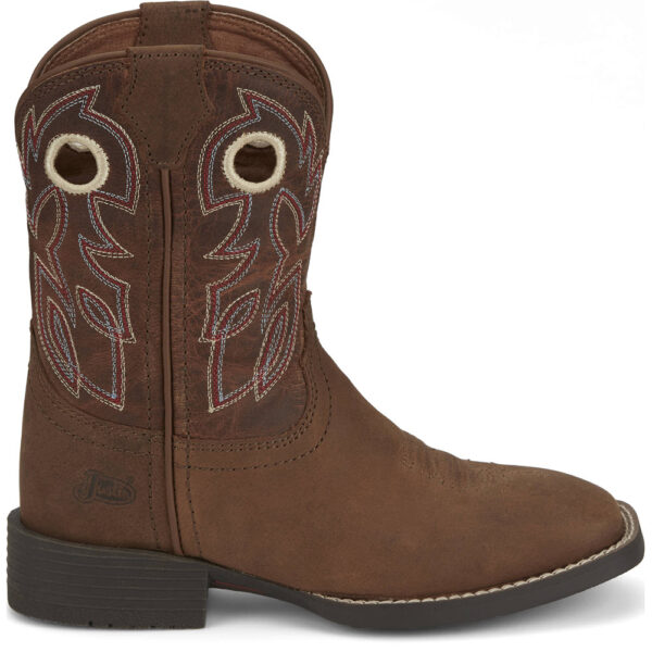 A right profile facing Justin Bowline Junior Hazelnut Brown Kid's Western Boot.