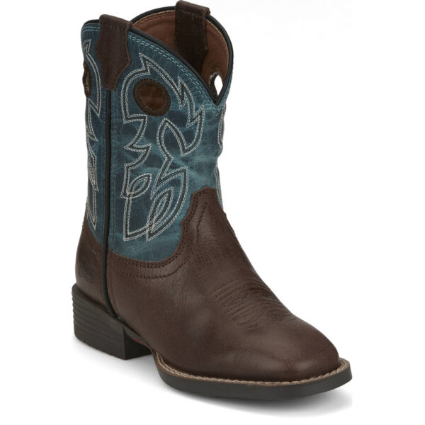 A 3/4 turned Justin Bowline Junior Walnut Brown Kid's Western Boot.