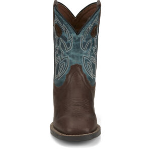 A forward-facing look at Justin Bowline Junior Walnut Brown Kid's Western Boot.