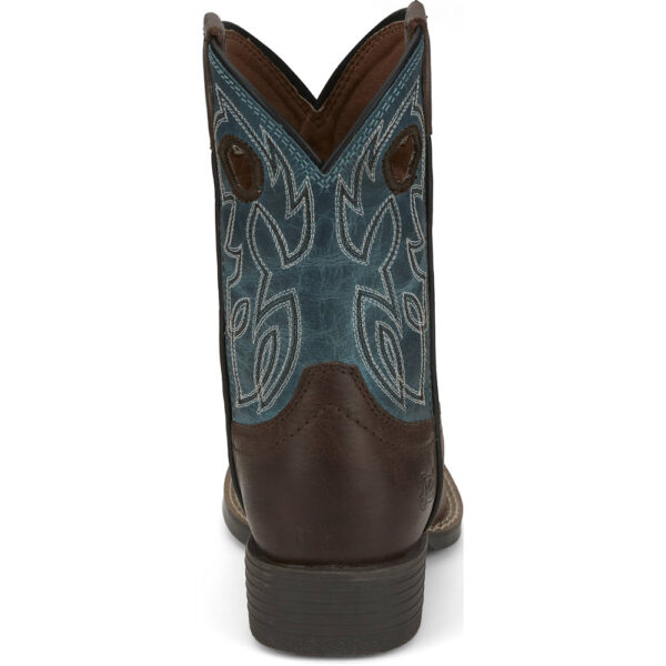 A look at the back and heel of a Justin Bowline Junior Walnut Brown Kid's Western Boot.