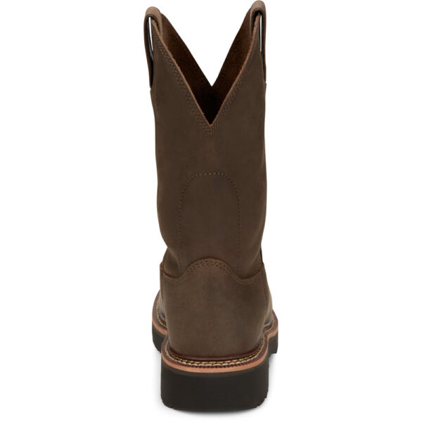 A look at the back and heel of a Justin Carbide 11" Men's Work Soft Toe Pull On Boot.