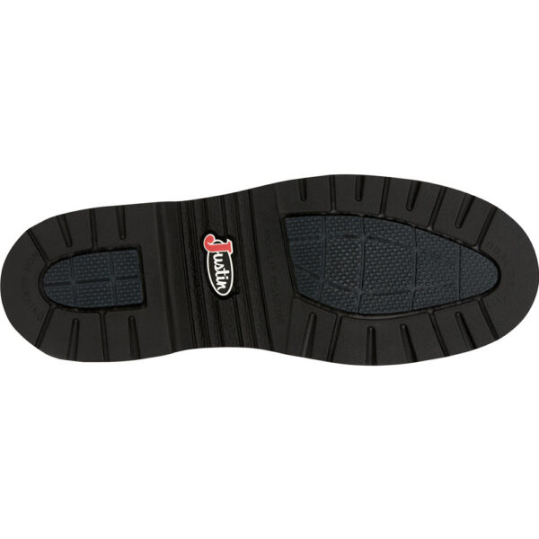 The sole of a Justin Carbide 11" Men's Work Soft Toe Pull On Boot.