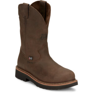 A 3/4 turned Justin Carbide 11" Men's Work Steel Toe Pull On Boot.