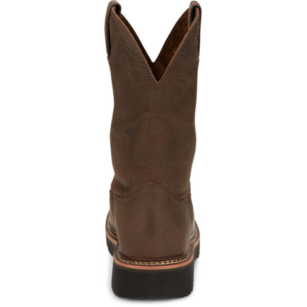 A look at the back and heel of a Justin Carbide 11" Men's Work Steel Toe Pull On Boot.