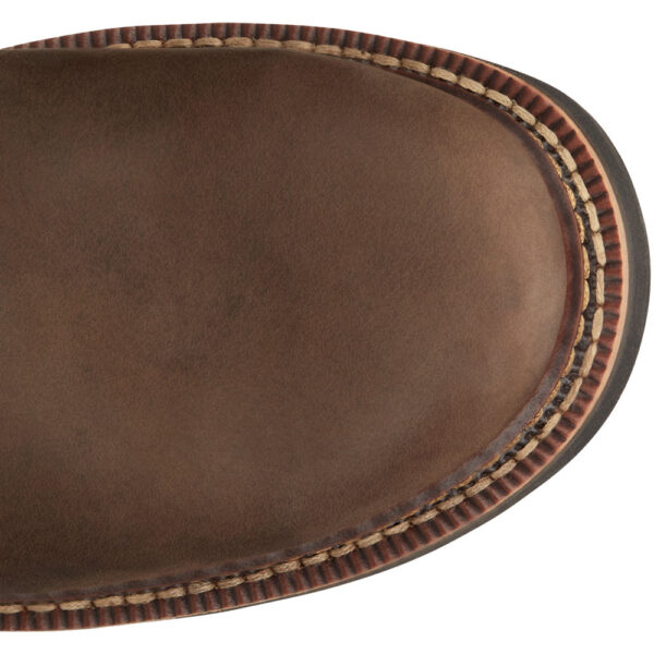 The toe shape of a Justin Carbide 11" Men's Work Steel Toe Pull On Boot.