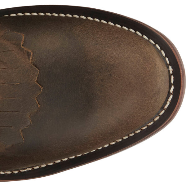 The toe shape of a Justin Drennan 7" Brown Men's Lace Up Roper Boot.