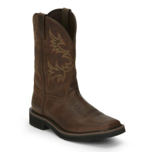 A 3/4 turned Justin Driller 11" Men's Work Soft Toe Pull On Boot.