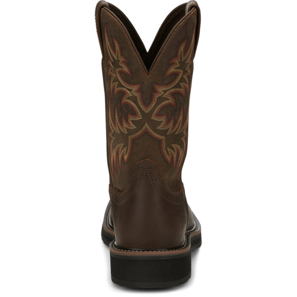 A look at the back and heel of a Justin Driller 11" Men's Work Soft Toe Pull On Boot.