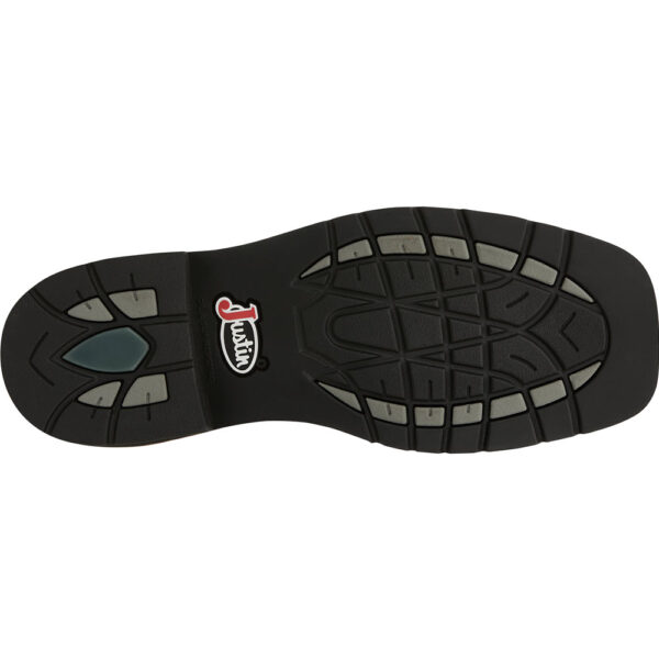 The sole of a Justin Driller 11" Men's Work Soft Toe Pull On Boot.