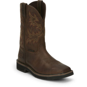 A 3/4 turned Justin Driller 11" Men's Work Steel Toe Pull On Boot.