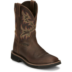 A 3/4 turned Justin Driller 11" Waterproof Men's Work Soft Toe Pull On Boot.