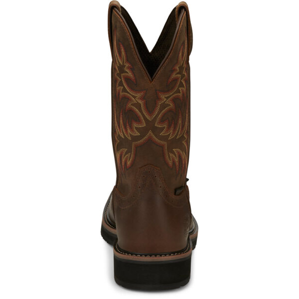A look at the back and heel of a Justin Driller 11" Waterproof Men's Work Steel Toe Pull On Boot.
