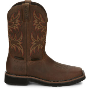 A right profile facing Justin Driller 11" Waterproof Men's Work Steel Toe Pull On Boot.