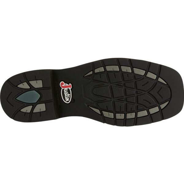 The sole of a Justin Driller 11" Waterproof Men's Work Steel Toe Pull On Boot.