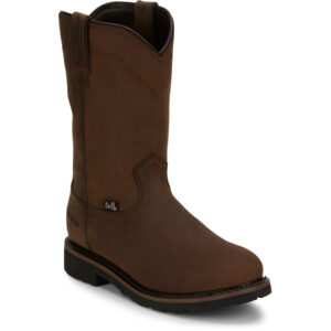 A 3/4 turned Justin Drywall 10" Waterproof Men's Work Soft Toe Pull On Boot.