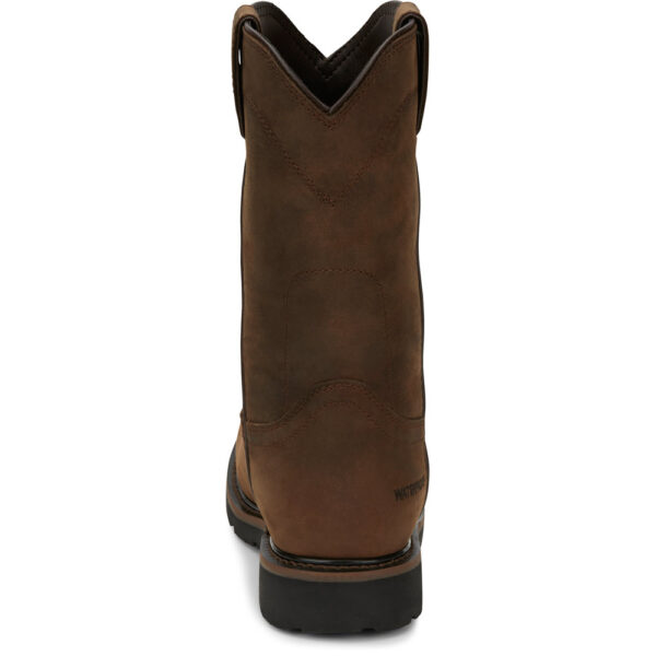 A look at the back and heel of a Justin Drywall 10" Waterproof Men's Work Soft Toe Pull On Boot.